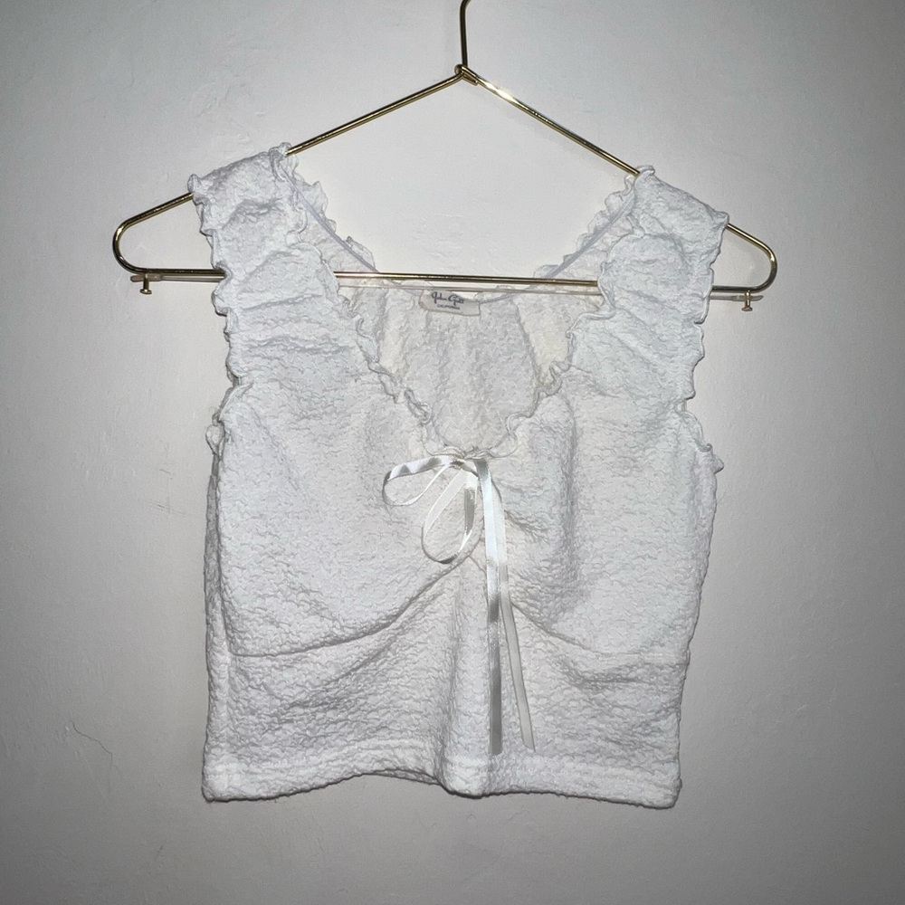 John Galt Brandy Melville White Popcorn Textured Ruffle Bow Crop Tank Top OS